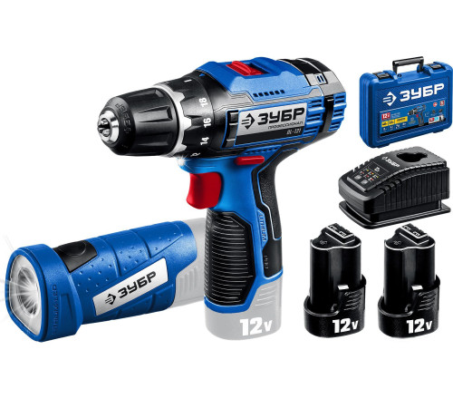 Дрель-шуруповерт Зубр Профессионал DL-121-22F с 2-мя АКБ, LED фонарь, кейс