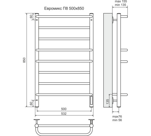 Полотенцесушитель TERMINUS Евромикс П8 электро с диммером 500x850