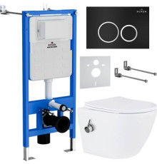 Унитаз подвесной Roxen Antares Bidet в комплекте с инсталляцией StounFix Dual Fresh 6 в 1 906342 кнопка: черный матовый