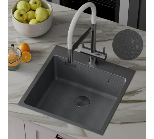 Кухонная мойка Roxen Snake 560220-50-BS 50*48 PVD графит/текстурная поверхность с коландером и дозатором