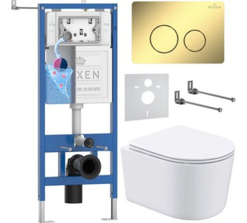 Унитаз подвесной Roxen Simple Compact в комплекте с инсталляцией StounFix Dual Fresh 6 в 1 868468 кнопка: золото глянцевая