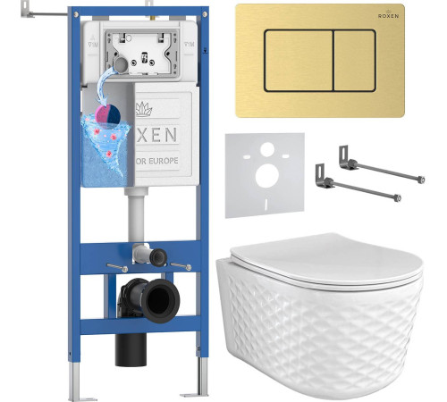Унитаз подвесной Roxen Vine Tornado в комплекте с инсталляцией StounFix Dual Fresh 6 в 1 979022 кнопка: брашированное золото