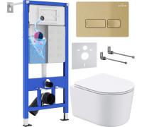Унитаз подвесной Roxen Simple compact в комплекте с инсталляцией StounFix Dual Fresh 6 в 1 968084 кнопка: брашированное золото