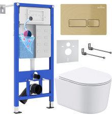 Унитаз подвесной Roxen Simple compact в комплекте с инсталляцией StounFix Dual Fresh 6 в 1 968084 кнопка: брашированное золото