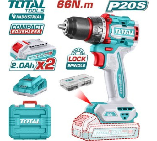 Дрель-шуруповерт Total TDLI20668 с 2-мя АКБ, кейс