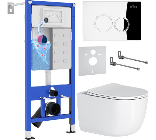 Унитаз подвесной Roxen Vortex Tornado в комплекте с инсталляцией StounFix Dual Fresh 6 в 1 964332 кнопка: хром глянец