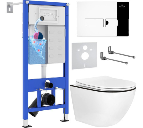 Унитаз подвесной Roxen Antares Black в комплекте с инсталляцией StounFix Dual Fresh 6 в 1 964772 кнопка: хром глянец