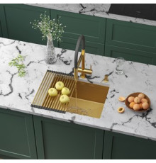 Кухонная мойка Roxen Uno 560210-54-GS PVD золотая/текстурная с ролл-матом и дозатором