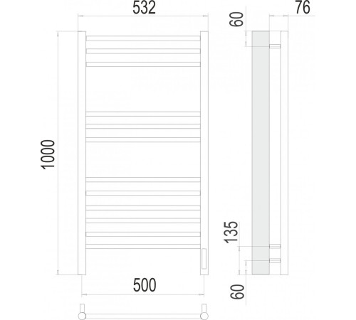 Полотенцесушитель TERMINUS Аврора П12 500x1000 RAL 9003 белый, Quick Touch