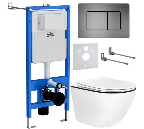 Унитаз подвесной Roxen Antares Black в комплекте с инсталляцией StounFix Dual Fresh 6 в 1 964862 кнопка: оружейная сталь