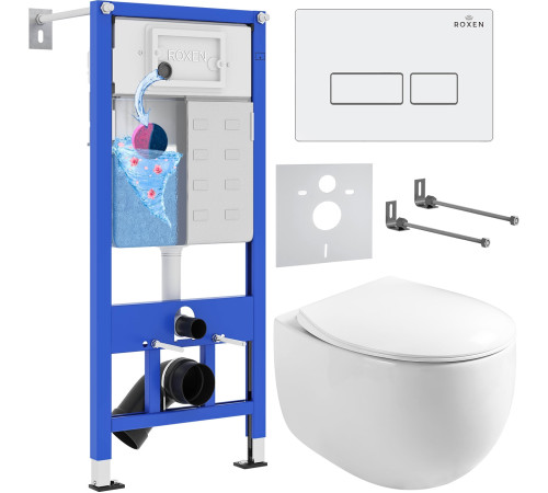 Унитаз подвесной Roxen Egg в комплекте с инсталляцией StounFix Dual Fresh 6 в 1 964170 кнопка: белый глянец
