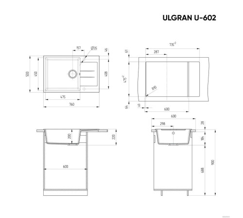Кухонная мойка Ulgran U-602 серый