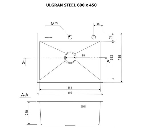 Кухонная мойка Ulgran Steel 60x45 черная брашированная сталь