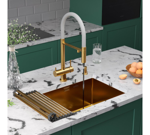 Кухонная мойка Roxen Uno 560210-54G-V золото/текстурная PVD покрытие с ролл-матом и дозатором