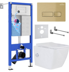 Унитаз подвесной Roxen Cube bidet в комплекте с инсталляцией StounFix Dual Fresh 6 в 1 968095 кнопка: брашированное золото