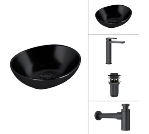Умывальник Lauter 21652-A + Cascade 21СК0655BS + сифон 21635B + дон.клапан 21190B черный матовый