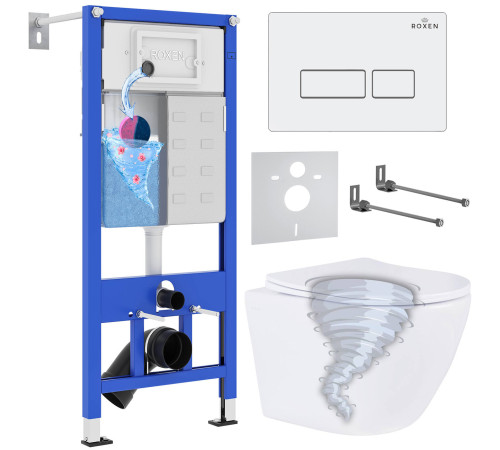 Унитаз подвесной Roxen Antares Tornado в комплекте с инсталляцией StounFix Dual Fresh 6 в 1 968303 кнопка: белый глянцевый