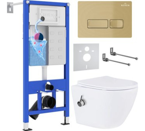 Унитаз подвесной Roxen Antares Bidet в комплекте с инсталляцией StounFix Dual Fresh 6 в 1 968099 кнопка: брашированное золото
