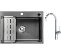 Кухонная мойка Saniteco 6045 Nano + Spike F9S07000 хром, с сифоном, дозатором и коландером