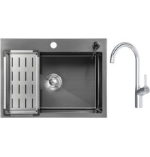 Кухонная мойка Saniteco 6045 Nano + Spike F9S07000 хром, с сифоном, дозатором и коландером