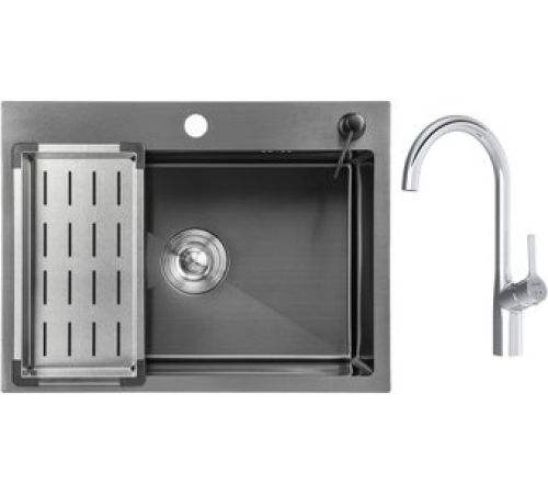 Кухонная мойка Saniteco 6045 Nano + Spike F9S07000 хром, с сифоном, дозатором и коландером