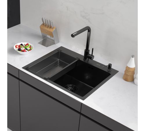 Кухонная мойка ARFEKA Eco AR мойка 600*500, коландер G, дозатор Black Decor Volcanic