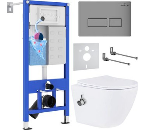 Унитаз подвесной Roxen Antares Bidet в комплекте с инсталляцией StounFix Dual Fresh 6 в 1 959767 кнопка: хром матовый