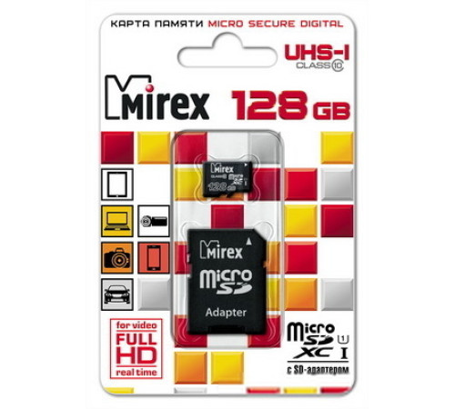 Карта памяти Mirex microSDXC UHS-I Class 10 128GB + адаптер [13613-AD10S128]
