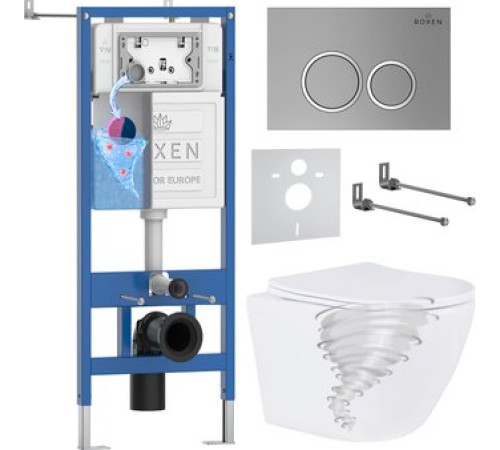 Унитаз подвесной Roxen Antares Tornado Long в комплекте с инсталляцией StounFix Dual Fresh 6 в 1 868427 кнопка: хром матовый матовая