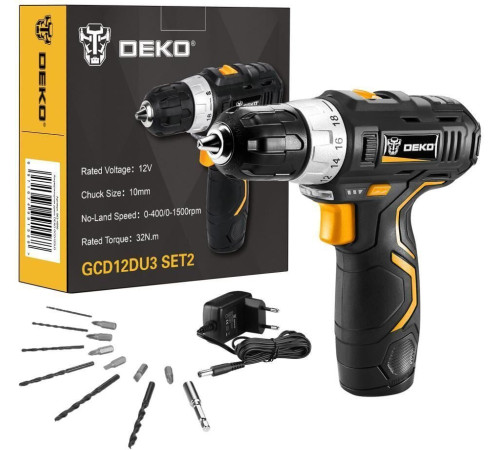 Дрель-шуруповерт Deko GCD12DU3 SET 2 063-4146 с 1-им АКБ, набор оснастки