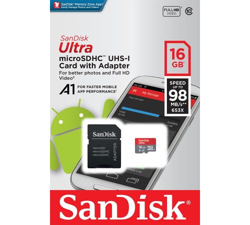 Карта памяти SanDisk Ultra SDSQUAR-016G-GN6MA microSDHC 16GB с адаптером
