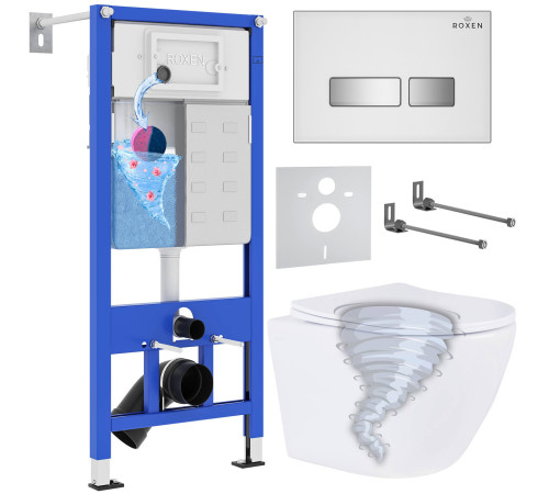 Унитаз подвесной Roxen Antares Tornado в комплекте с инсталляцией StounFix Dual Fresh 6 в 1 968395 кнопка: белый глянцевый