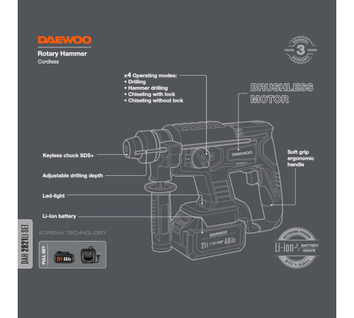 Перфоратор Daewoo Power DAH 2821 Li Set с 1-им АКБ, кейс