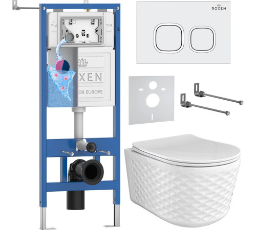 Унитаз подвесной Roxen Vine Tornado в комплекте с инсталляцией StounFix Dual Fresh 6 в 1 979014 кнопка: белый глянцевый