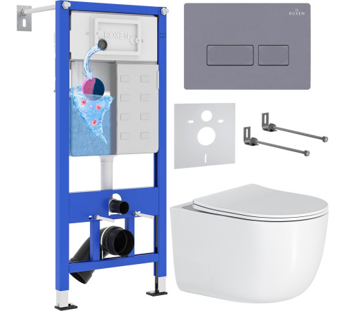 Унитаз подвесной Roxen Vortex в комплекте с инсталляцией StounFix Dual Fresh 6 в 1 966868 кнопка: серый гранит