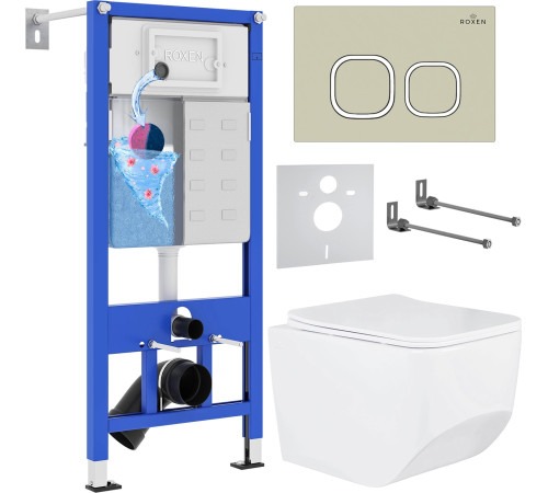 Унитаз подвесной Roxen Boro в комплекте с инсталляцией StounFix Dual Fresh 6 в 1 966532 кнопка: бежевый