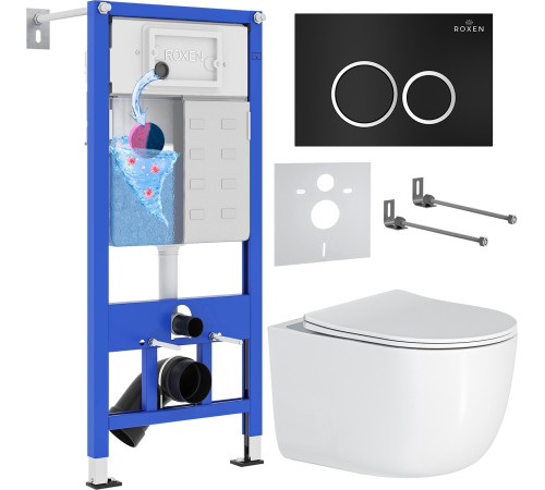 Унитаз подвесной Roxen Vortex Tornado в комплекте с инсталляцией StounFix Dual Fresh 6 в 1 964295 кнопка: черный матовый