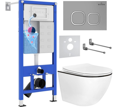 Унитаз подвесной Roxen Antares Black в комплекте с инсталляцией StounFix Dual Fresh 6 в 1 964715 кнопка: хром матовый