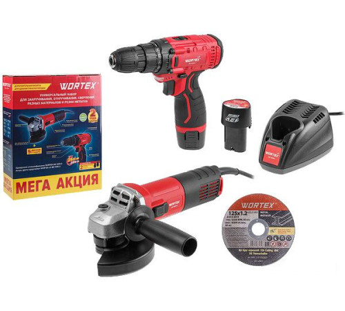 Wortex 1329386 болгарка, шуруповерт, 2 АКБ