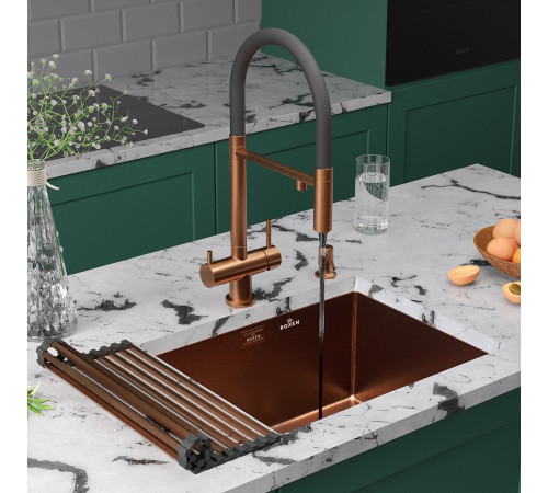 Кухонная мойка Roxen Uno 560210-54BR-GR бронза/текстурная PVD покрытие с ролл-матом и дозатором