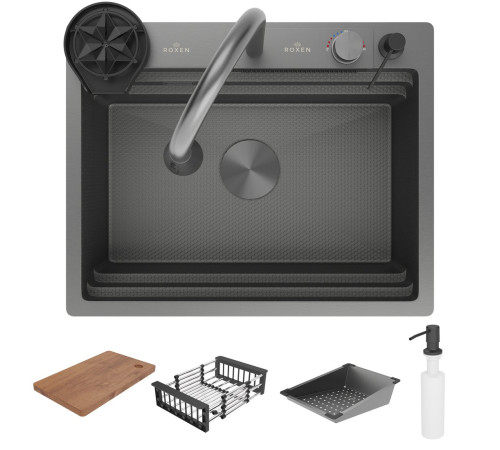 Кухонная мойка Roxen Stage Plus 560250-60-BS многофункциональная 8 в 1 60*48/текстурный графит