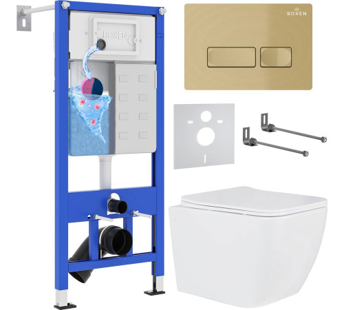 Унитаз подвесной Roxen Сube в комплекте с инсталляцией StounFix Dual Fresh 6 в 1 968065 кнопка: брашированное золото