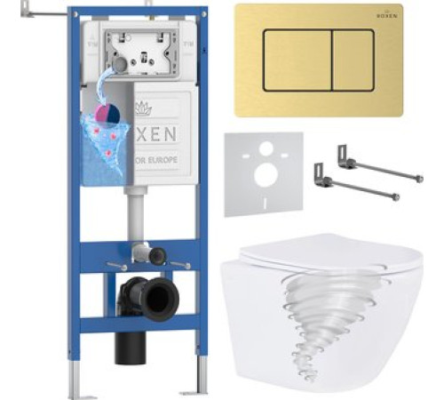 Унитаз подвесной Roxen Antares Tornado Long в комплекте с инсталляцией StounFix Dual Fresh 6 в 1 868445 кнопка: брашированное золото матовая