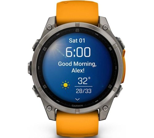 Умные часы Garmin Fenix 8 Sapphire, Titanium 47мм светло-серый, оранжевый силиконовый ремешок