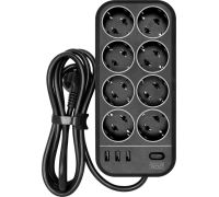 Сетевой фильтр Powercom SP-08 USB03AB 3 м, 8 розеток, черный