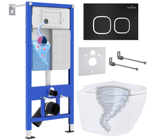 Унитаз подвесной Roxen Antares Tornado в комплекте с инсталляцией StounFix Dual Fresh 6 в 1 968377 кнопка: черный матовый