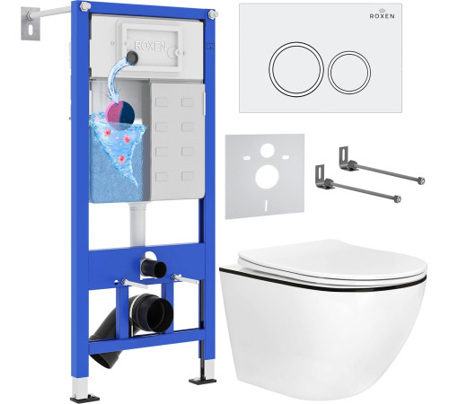 Унитаз подвесной Roxen Antares Black в комплекте с инсталляцией StounFix Dual Fresh 6 в 1 964631 кнопка: белый глянец