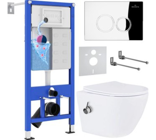 Унитаз подвесной Roxen Antares Bidet в комплекте с инсталляцией StounFix Dual Fresh 6 в 1 926249 кнопка: хром глянец