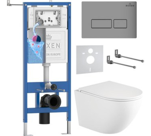 Унитаз подвесной Roxen Antares Tornado Long в комплекте с инсталляцией StounFix Dual Fresh 6 в 1 868415 кнопка: хром матовый матовая