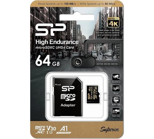 Карта памяти Silicon-Power Golden Series High Endurance microSDXC SP064GBSTXDV3V1HSP 64GB с адаптером